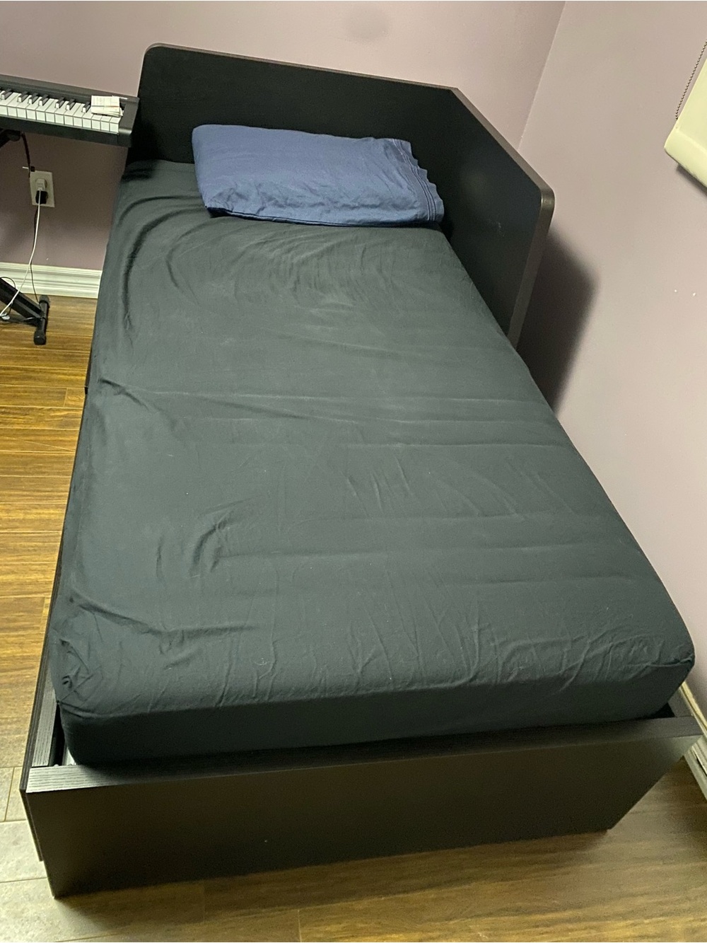 Black Twin bed- High bed frame/2 storage boxes